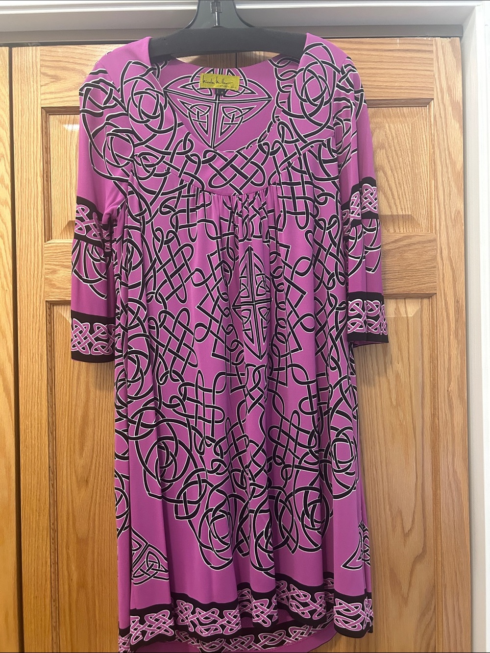 Nicole Miller Pink and Black Celtic-Patterned Long Sleeve Dress